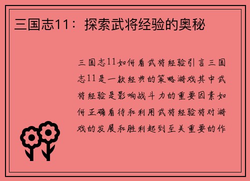三国志11：探索武将经验的奥秘